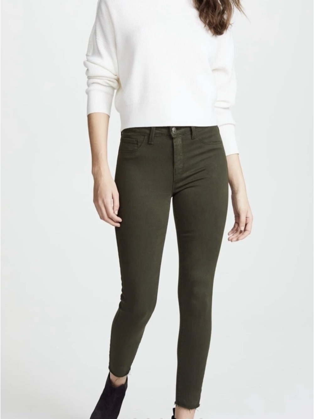 L’AGENCE Margot High Rise Skinny Jeans Army Green Fray Ankle Hem Size 23
